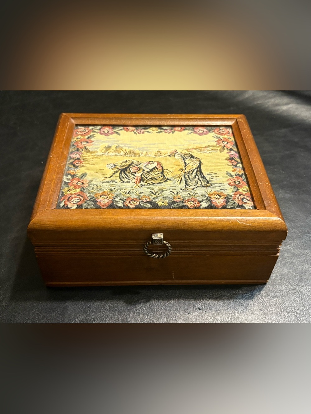 Vintage Wooden Jewelry Box Tapestry Pastoral Ladies Mirror Yellow Velvet Inter.